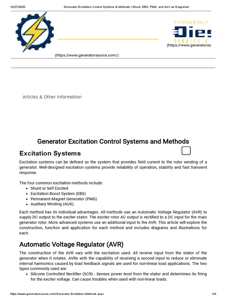 Generator Excitation Control Systems & Methods Shunt, EBS, PMG, and