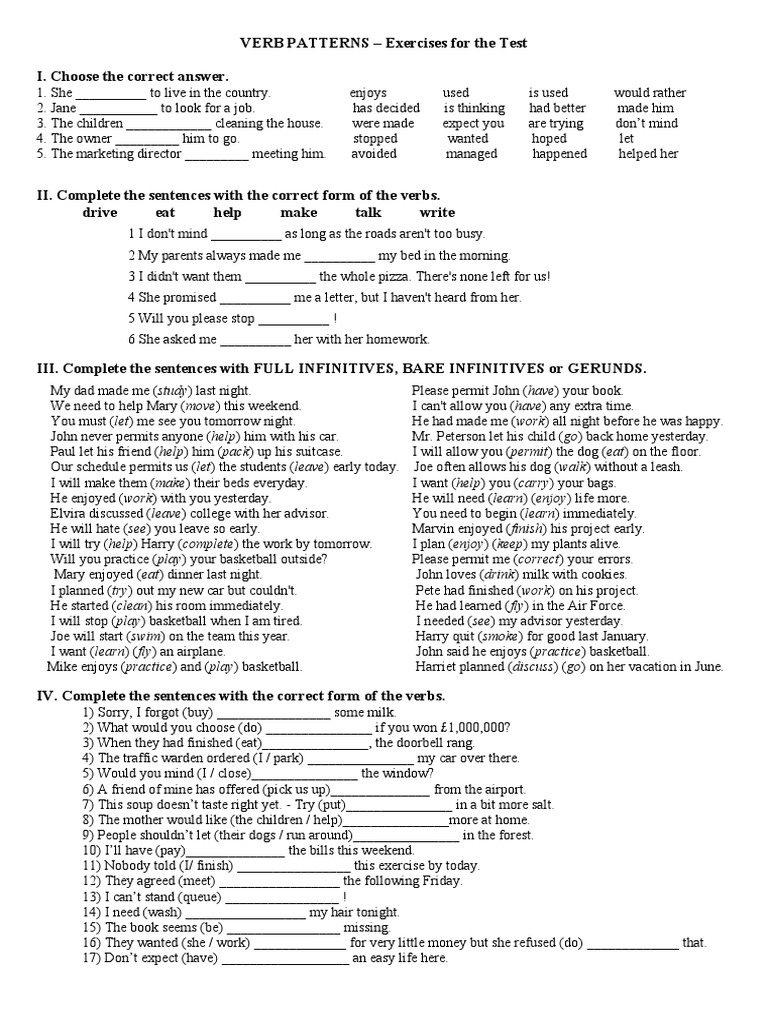 Verb patterns EXERCISES