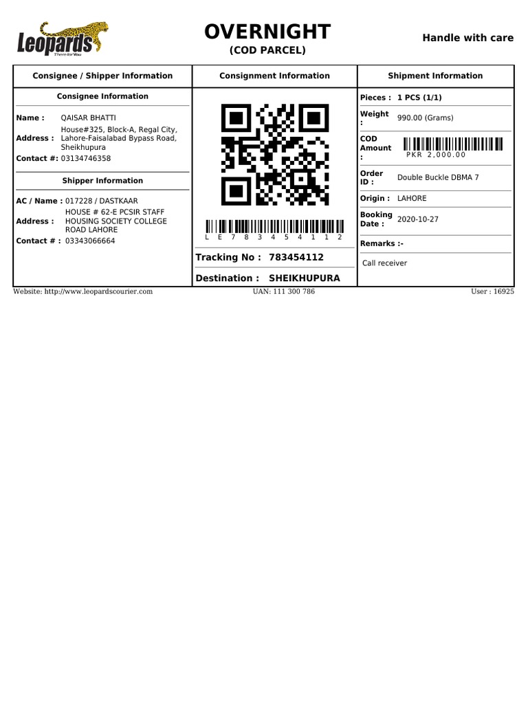 Overnight COD Parcel Details | PDF