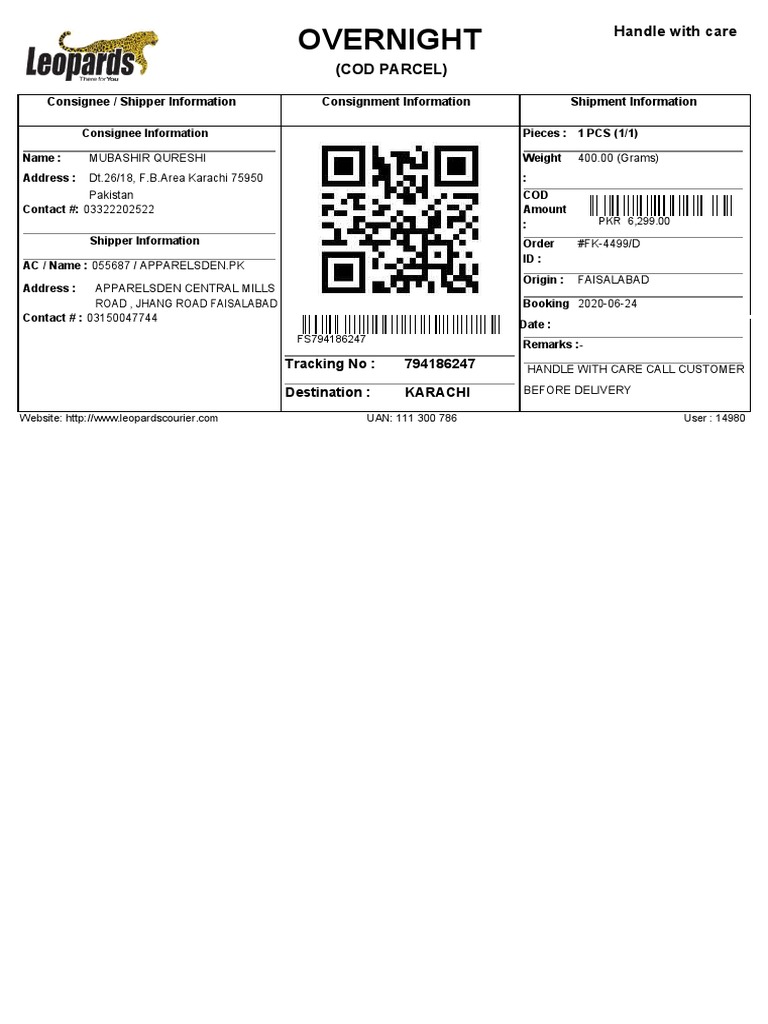COD Parcel Shipment Details: Karachi | PDF