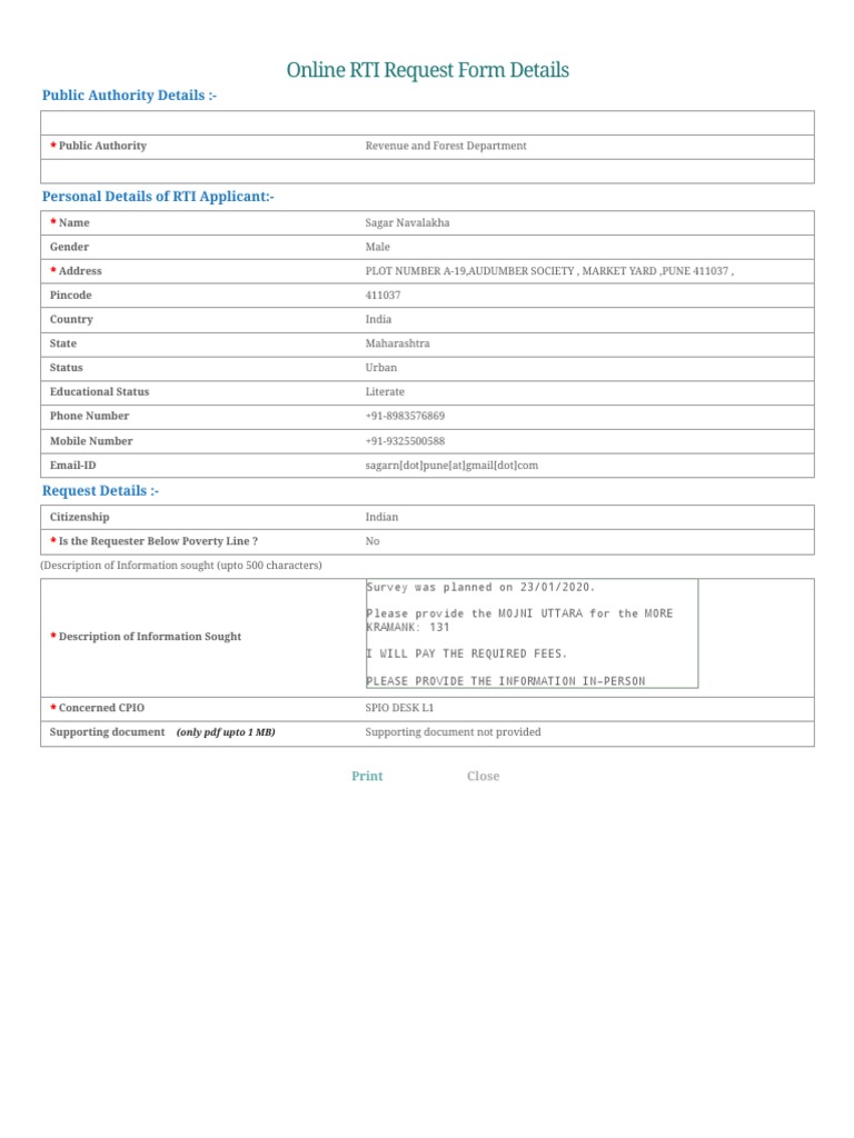 RTI Request Form for Revenue Department | PDF