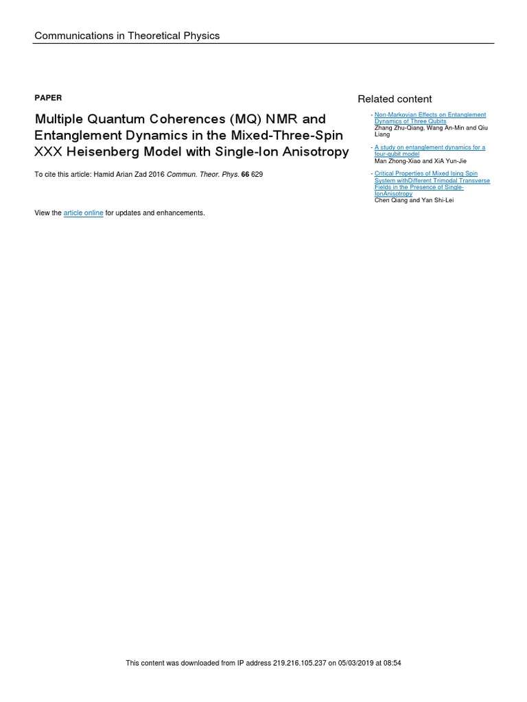 MQ NMR and Entanglement in Spin Systems | PDF | Quantum Entanglement ...