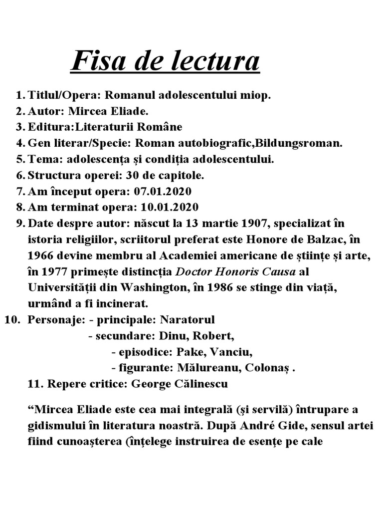 Fisa De Lectura Romanul Adolescentului Miop A.2 Fișă de Lectură (Romanul Adolescentului Miop) | PDF