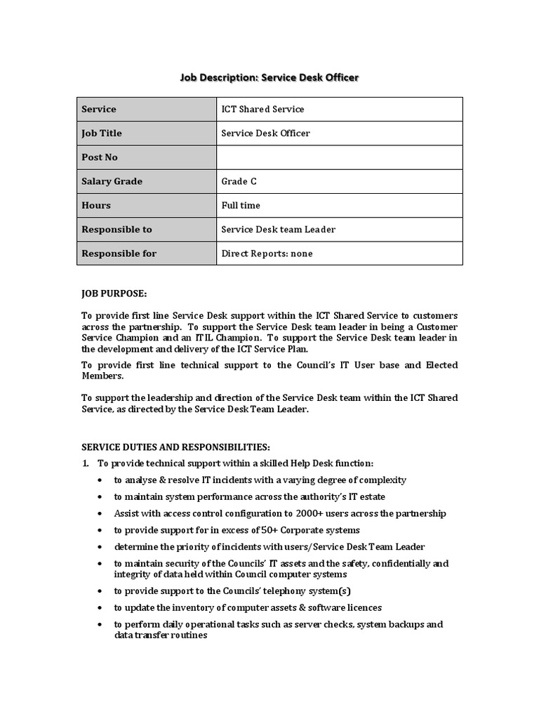 ICT Service Desk Officer JD PDF PDF It Service Management