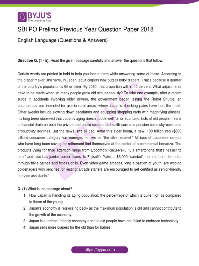 SBI PO Prelims Previous Year Question Paper 2018 English Language ...
