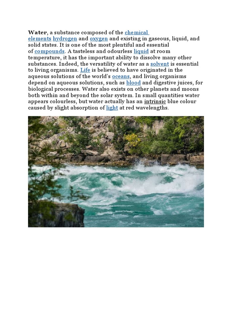 Water, A Substance Composed of The: Chemical Elements Hydrogen Oxygen ...