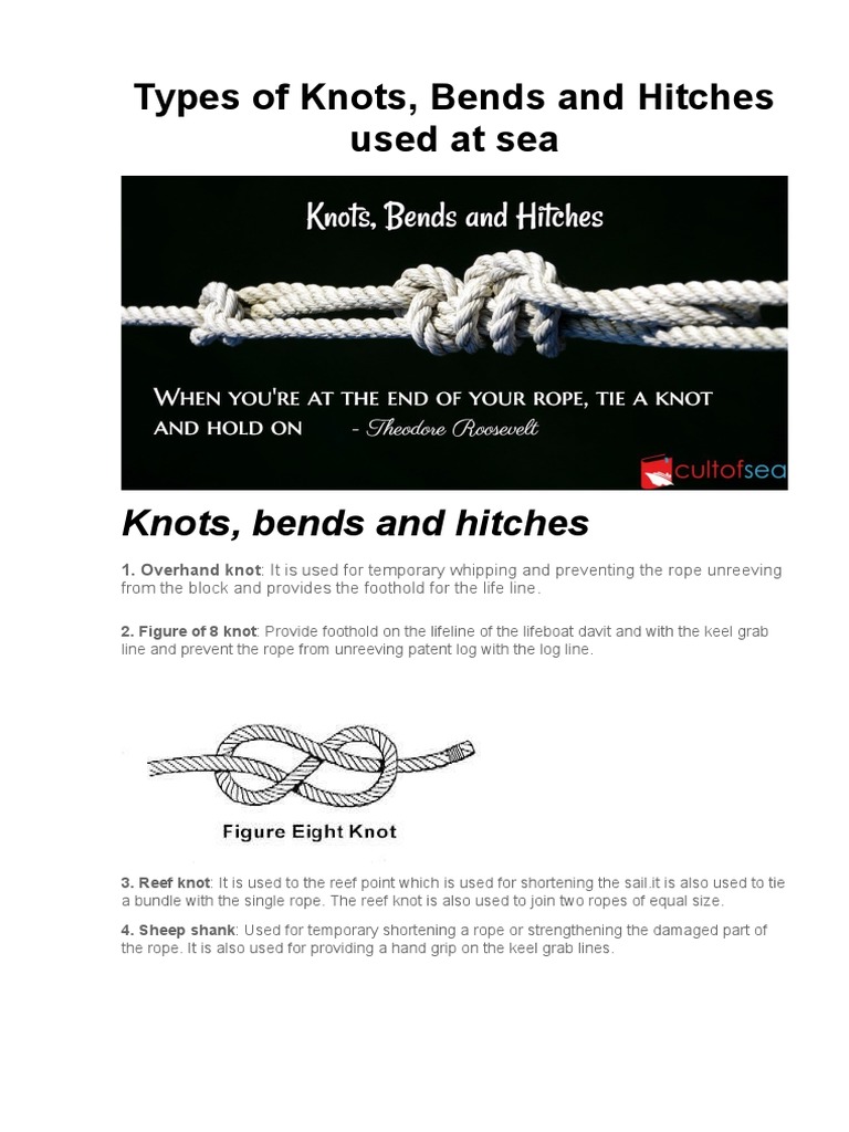 Types of Knots, Bends and Hitches Used at Sea PDF Knot Watercraft