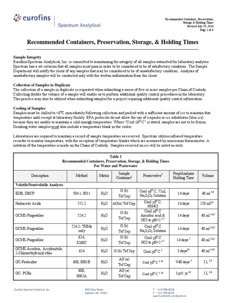 Containers, Preservation, Storage, & Holding Times PDF Petroleum Water