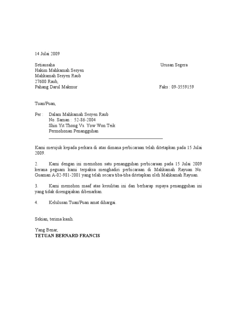 Contoh Surat Postpone Mahkamah