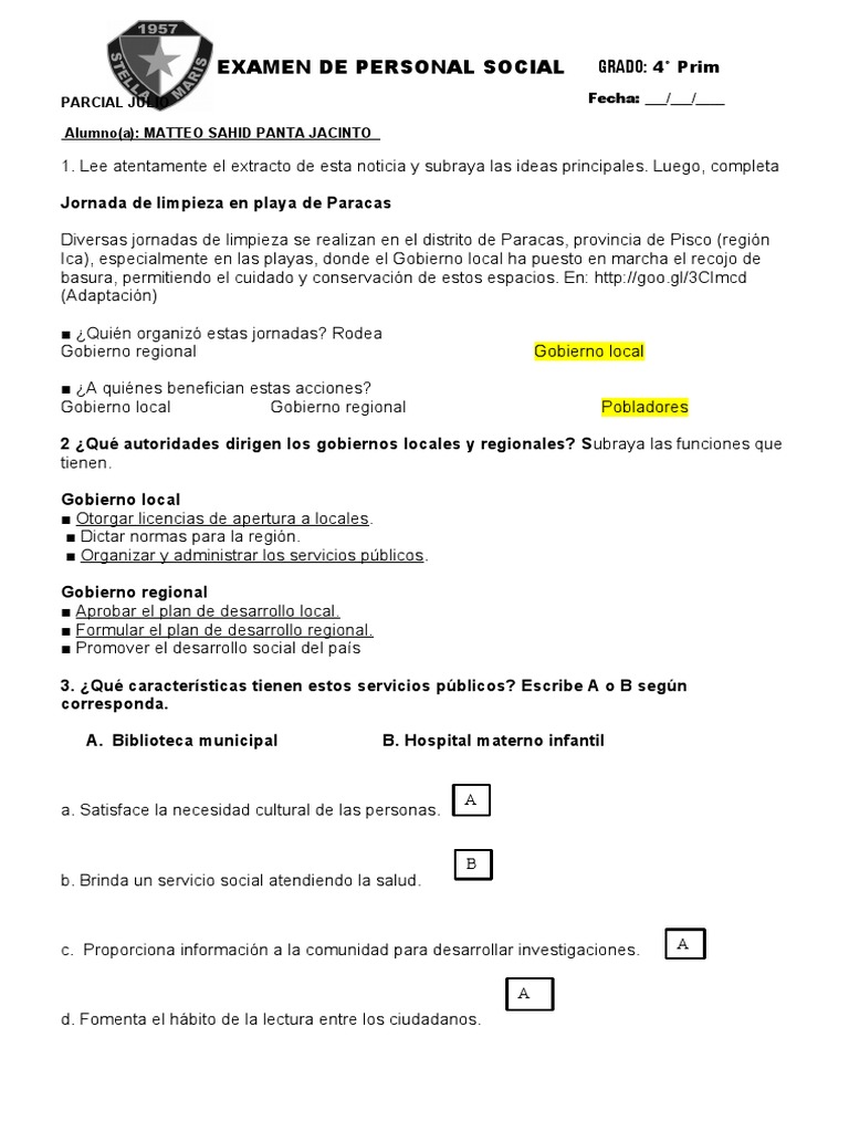 Examen Personal Social 4 Grado P Valdiviezo Julio 2020 | PDF