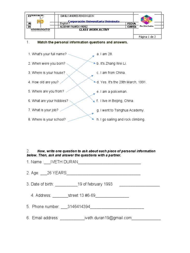 Personal Info Activity - Uniminuto | PDF | Social Science | Wellness