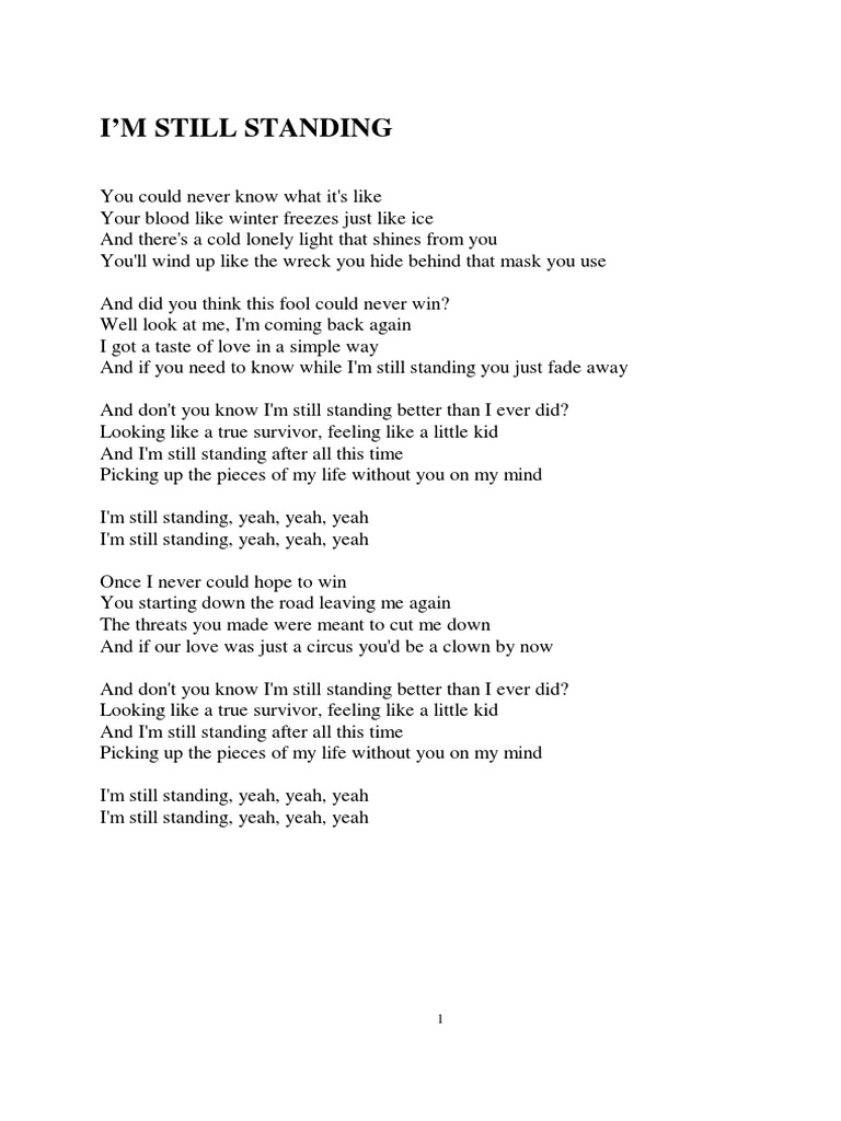 I'm Still Standing Lyrics PDF SelfImprovement