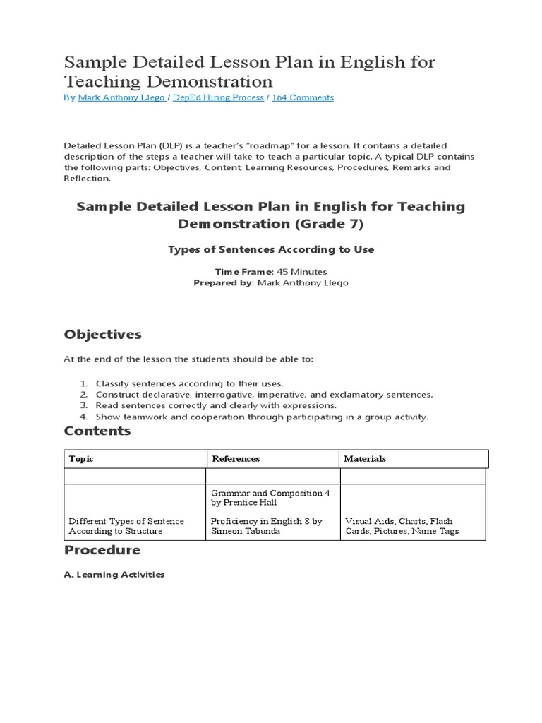 Sample English Lesson Plan for Demo Teaching | PDF | Question | Lesson Plan