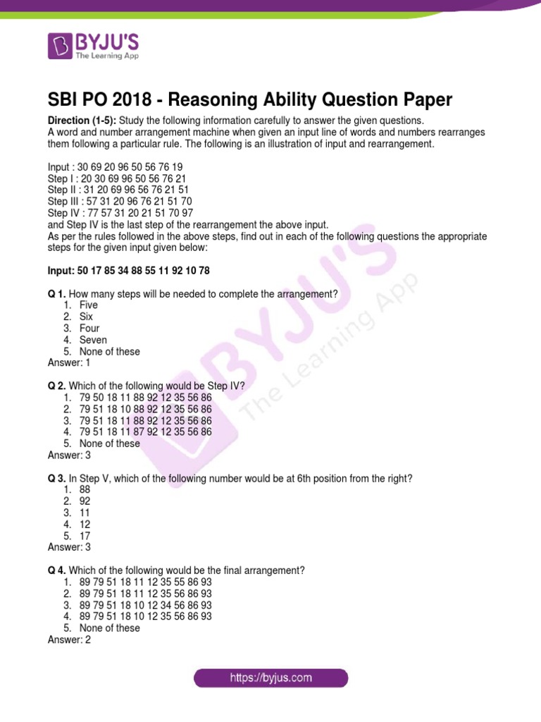 SBI PO 2018 Reasoning Ability Question Paper PDF | PDF | Teaching ...