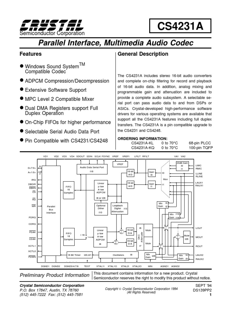 Parallel Interface, Multimedia Audio Codec: Features General ...