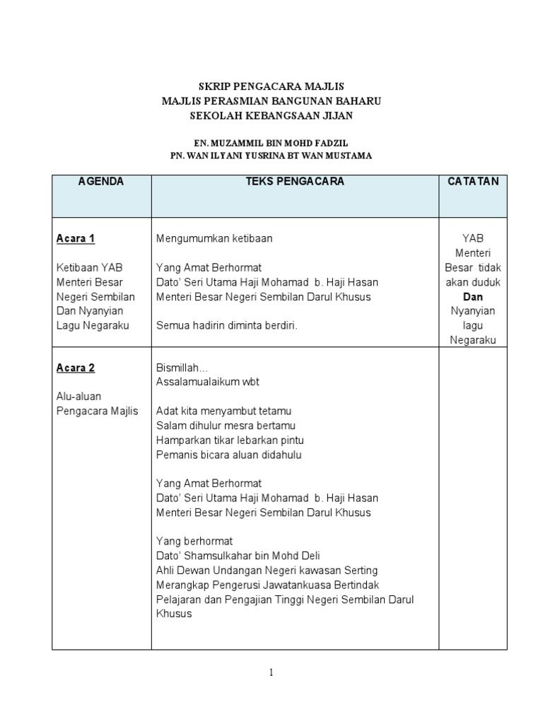 Skrip Pengacara Majlis Perasmian Bangunan baharu Sk Jijan