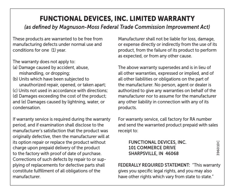 Functional Devices, Inc. Limited Warranty: (As Defined by Magnuson-Moss ...