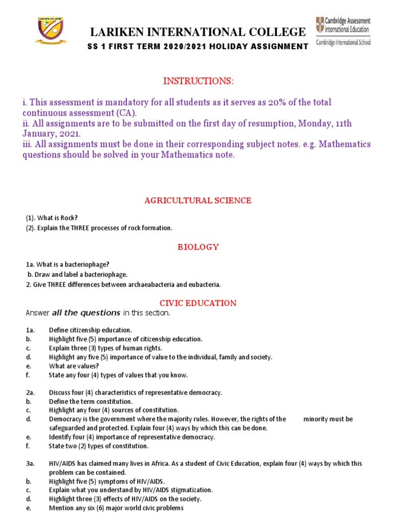 Ss 1 First Term 20202021 Holiday Assignment Ja2rjwm | PDF | Friction ...