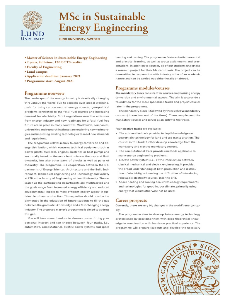 MSc in Sustainable Energy Engineering | PDF | Master's Degree | Engineering