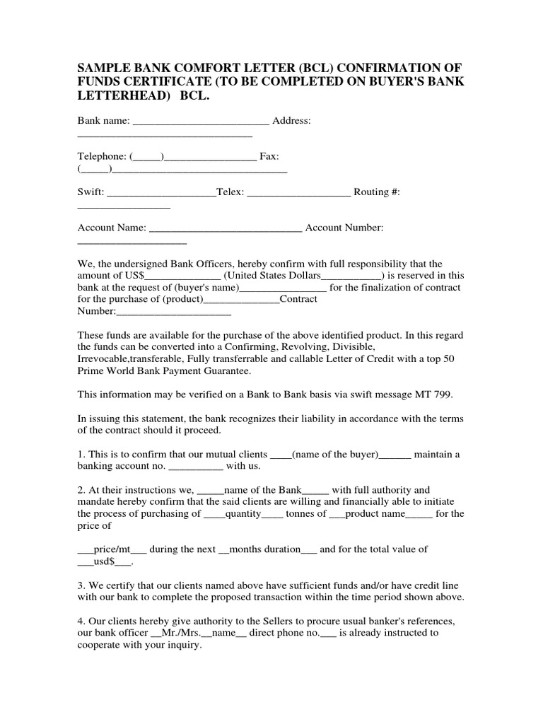 BCL Model Sample Bank Comfort Letter PDF PDF
