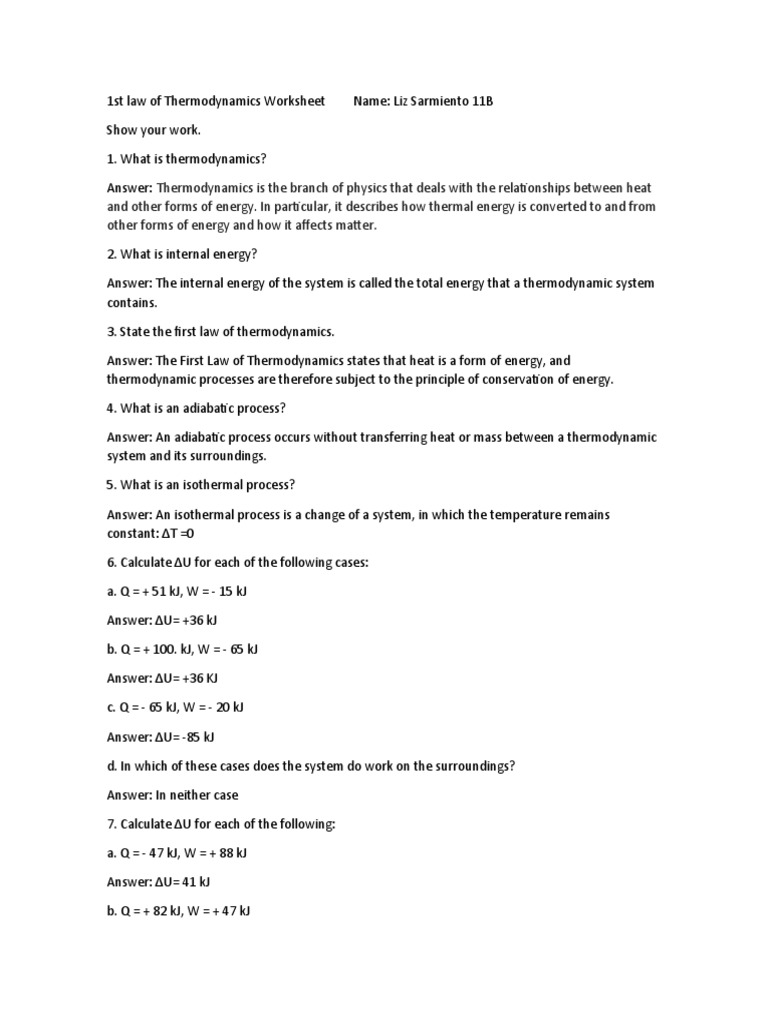First Law of Thermodynamics Worksheet | PDF | Science & Mathematics