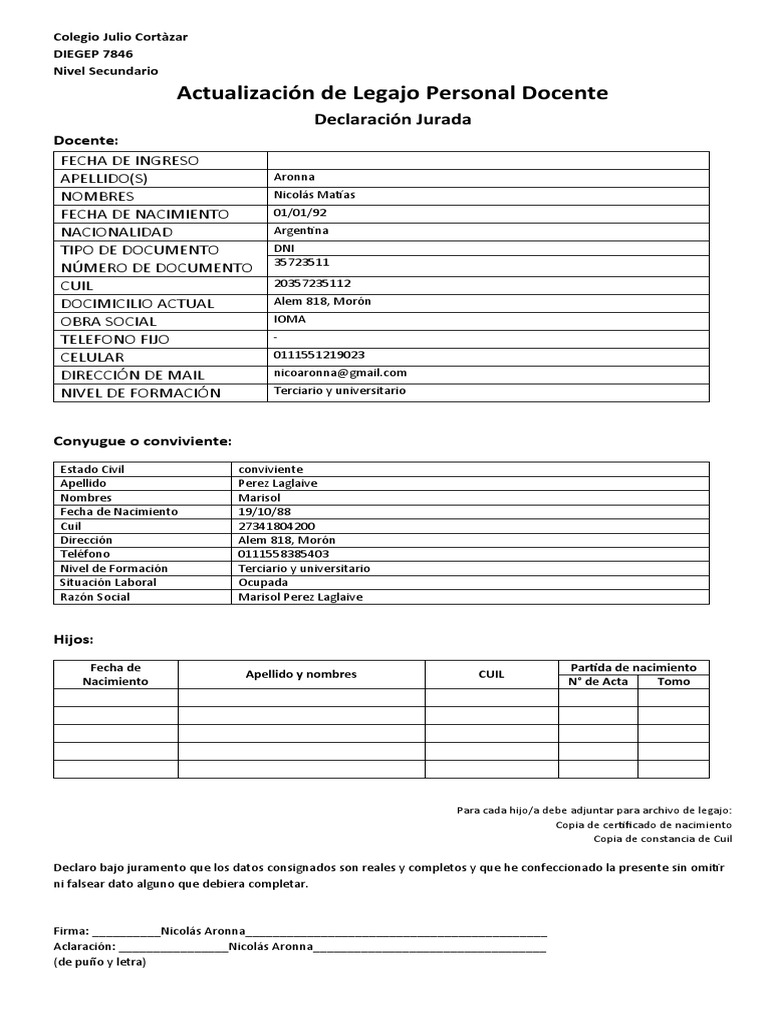 Declaración Jurada Legajo de Actualizacion Docente | PDF