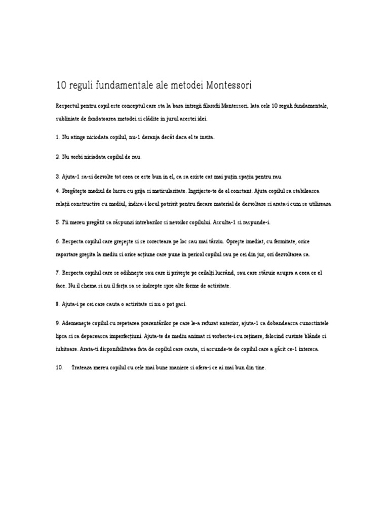 10 Reguli Fundamentale Ale Metodei Montessori | PDF