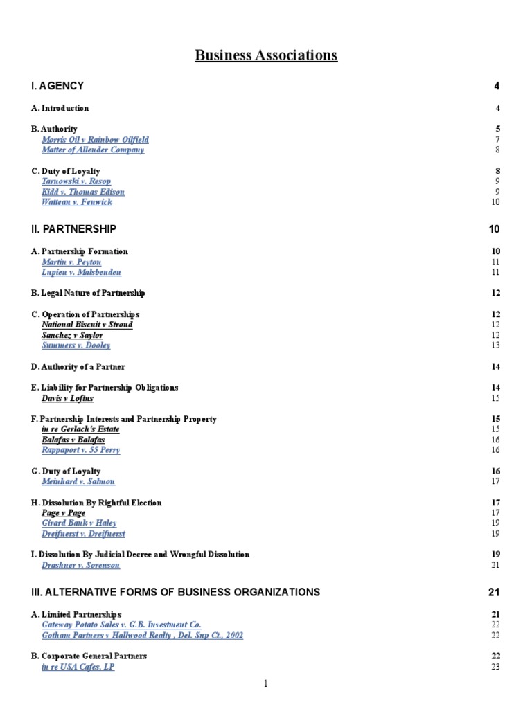 Business Associations Outline Law Of Agency Partnership