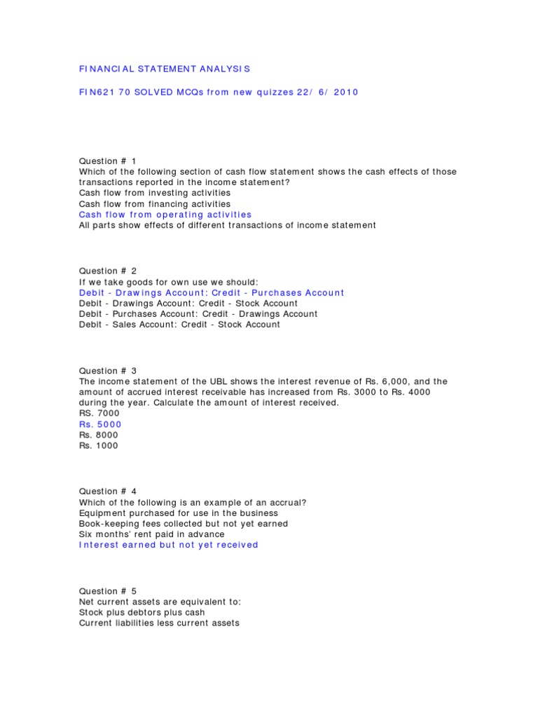 FIN621 Financial Statement MCQs | PDF | Debits And Credits | Expense