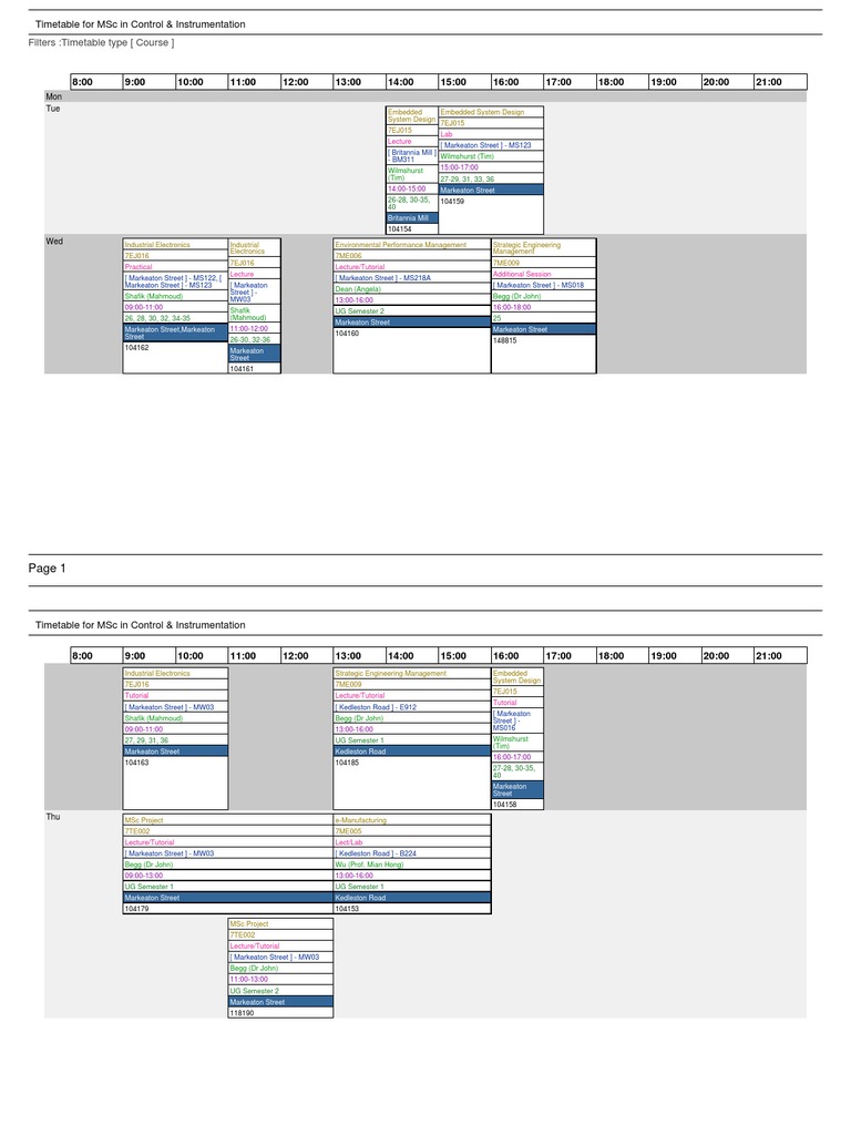 Filters:Timetable Type (Course) : Timetable For MSC in Control ...