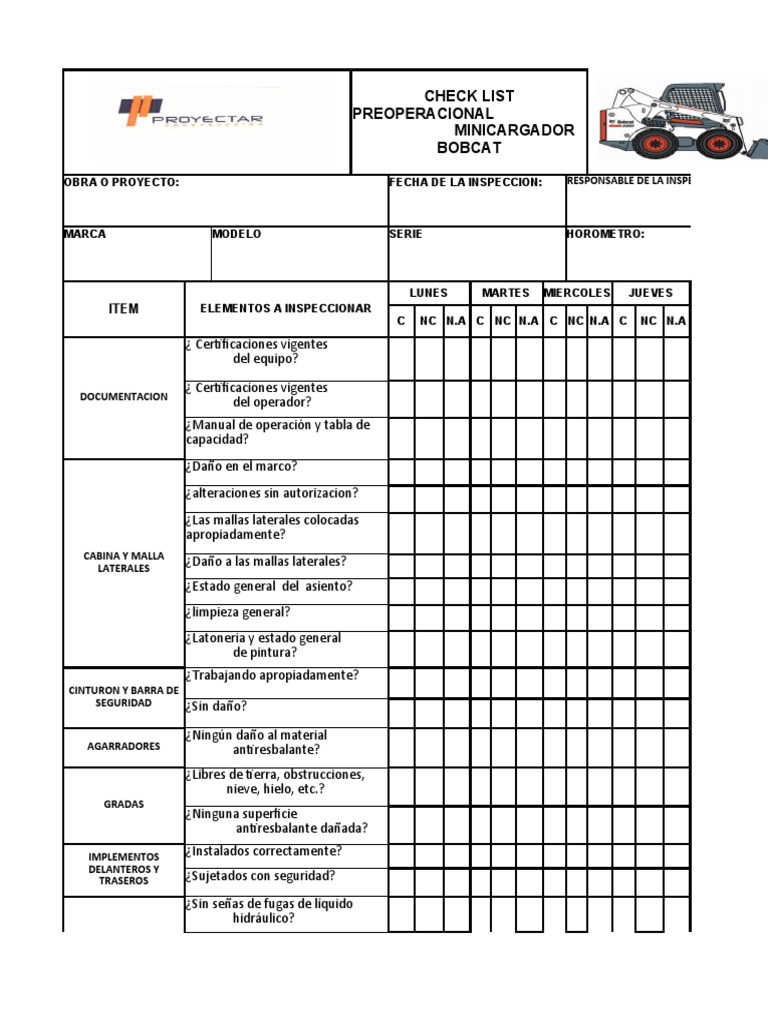 Formato 11 Pre-Operacional Minicargador | PDF | Vehículo de motor ...