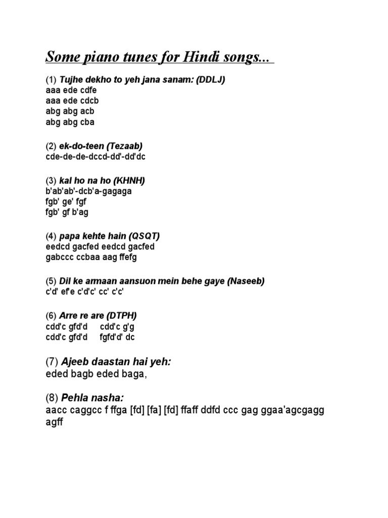 Some Piano Tunes For Hindi Songs PDF