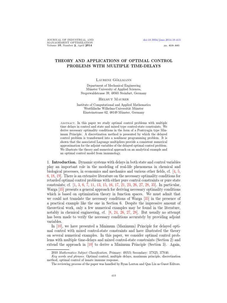 Optimal Control with Time-Delays Analysis | PDF | Optimal Control ...