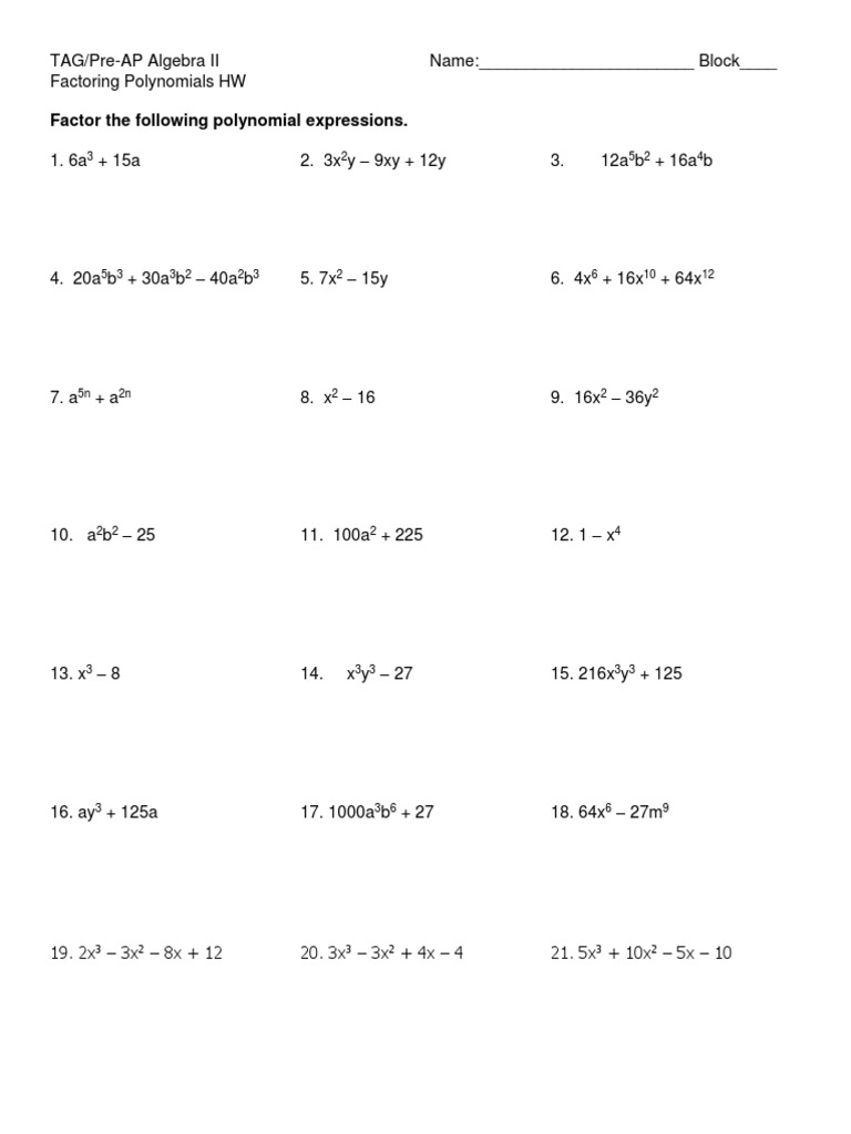 WS Factoring Polynomials | PDF
