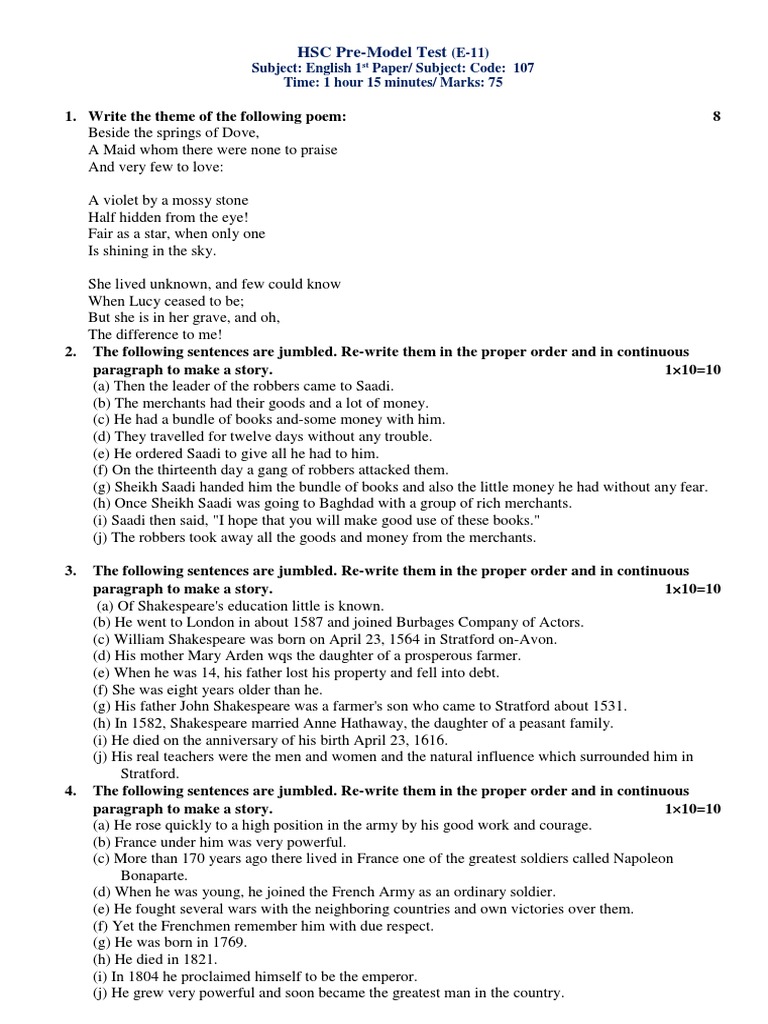 HSC Pre-Model Test 2020 (E-11) | PDF
