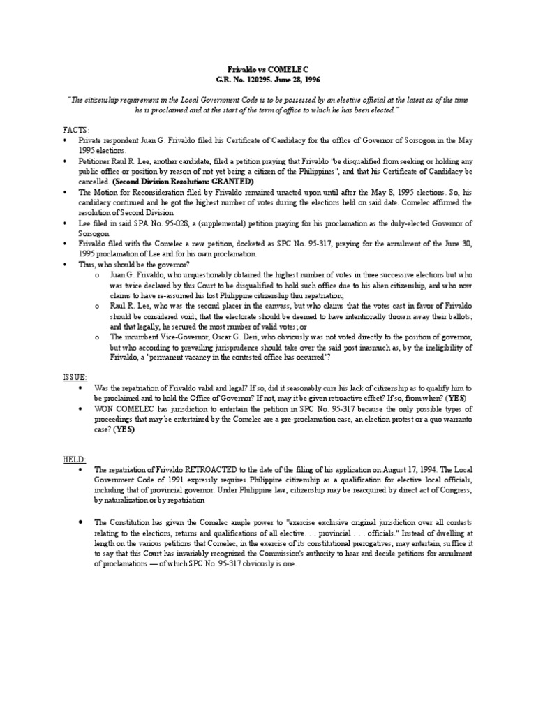 Frivaldo vs comelec g r no 120295 june 28 1996 pdf commission