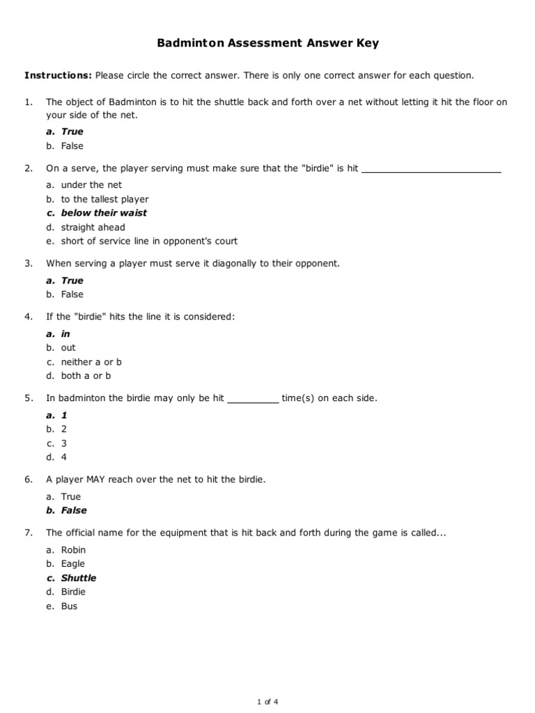 Badminton Assessment Answer Key A. True PDF Ball Games