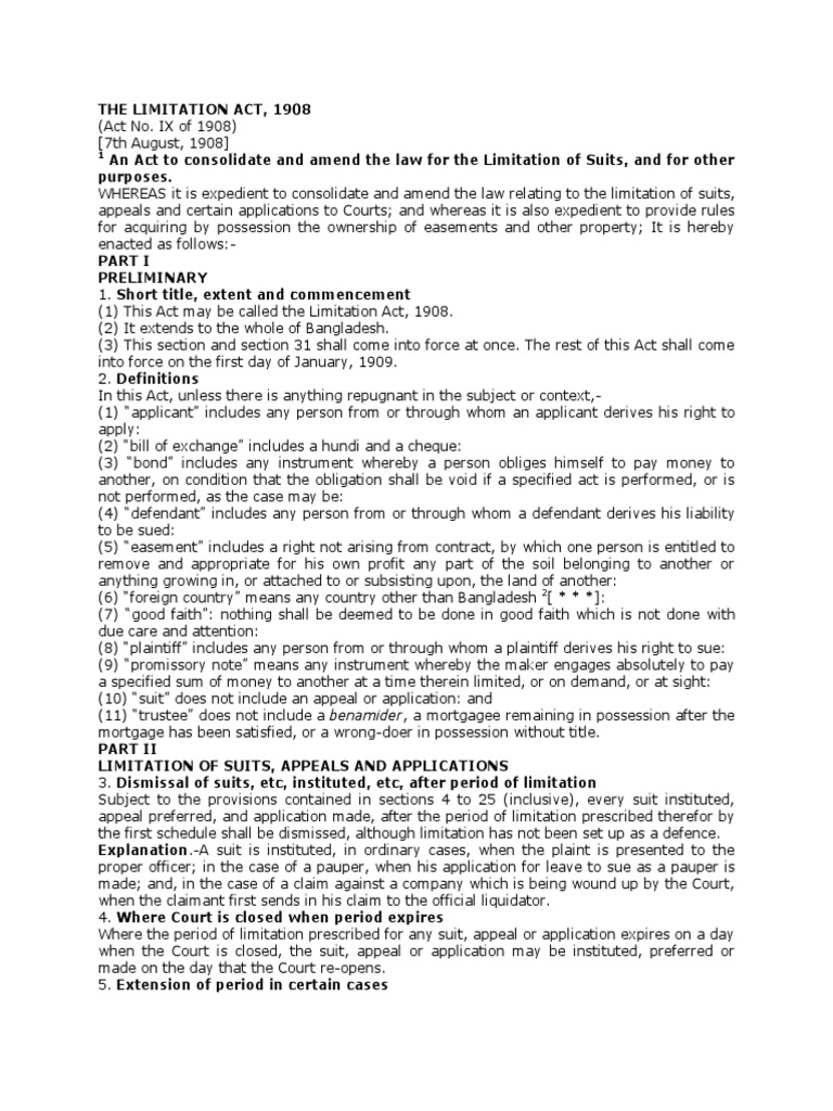 The Limitation Act, 1908 (Act No. Ix of 1908) PDF PDF Lawsuit