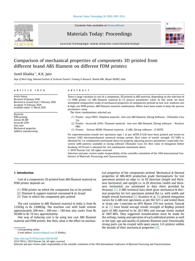 Comparison of Mechanical Properties of Components 3D Printed From