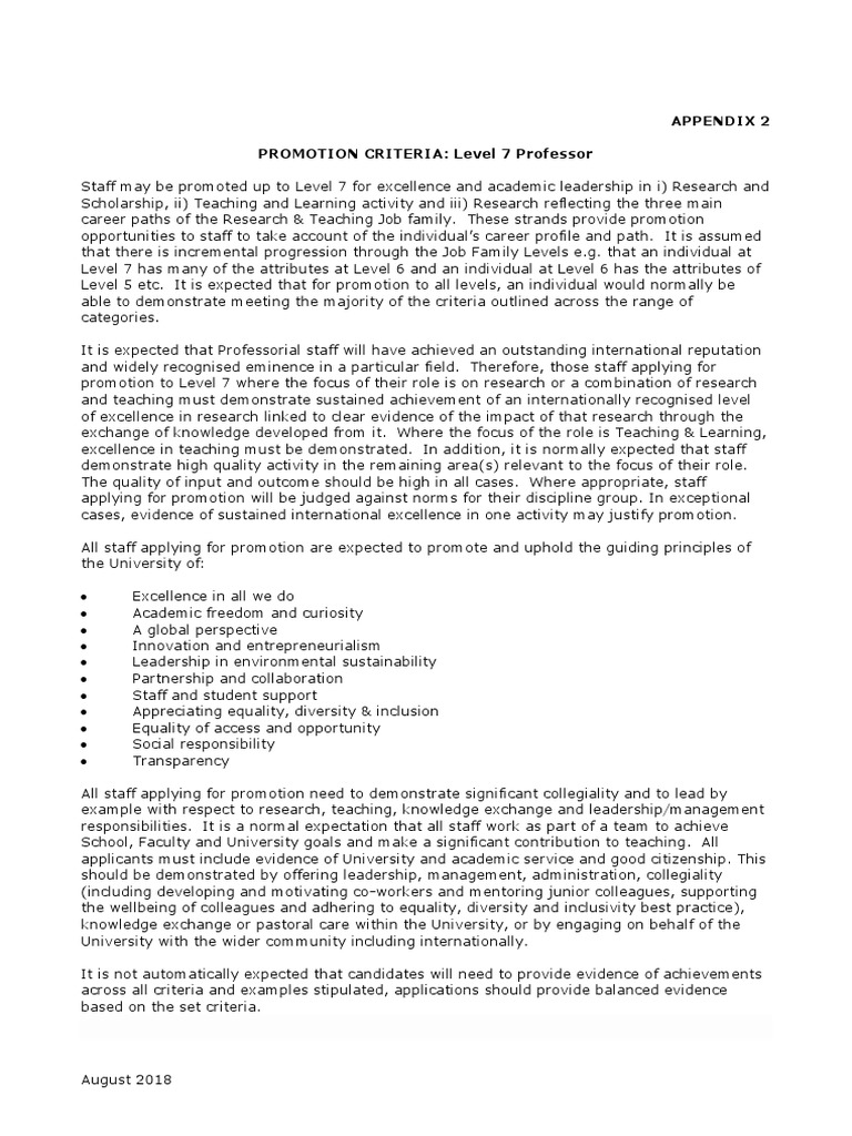 Appendix 2 PROMOTION CRITERIA Level 7 Professor PDF University Mentorship