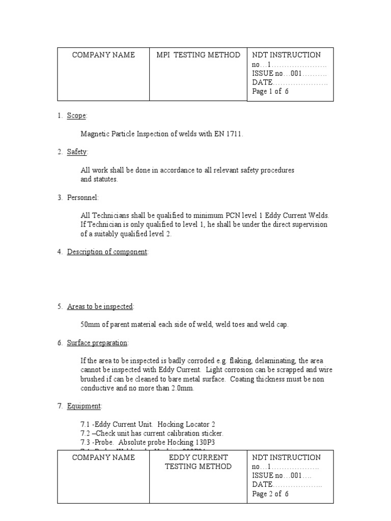 Eddy Current Weld Inspection Procedure | PDF | Nondestructive Testing ...