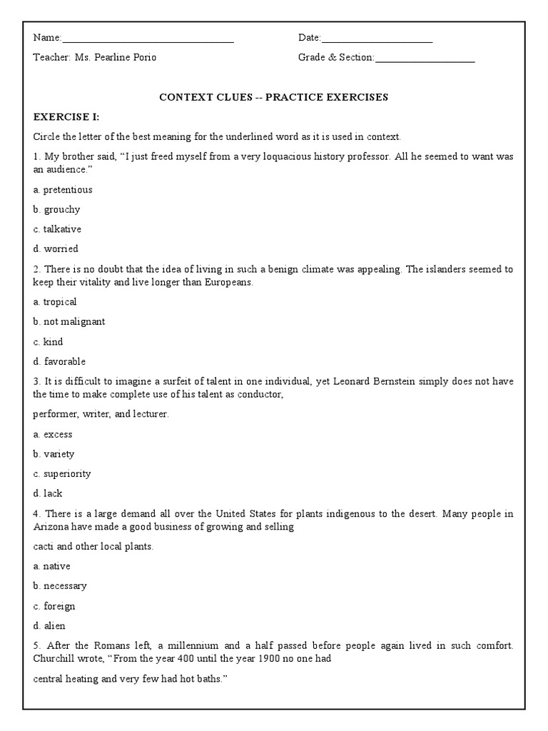 Context Clues Practice Exercises | PDF