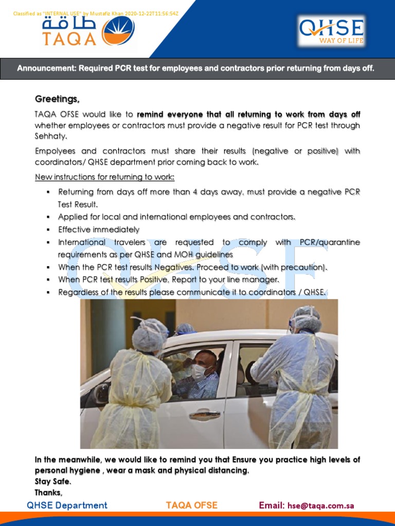Announcement - PCR Test For Employees Returning Back From Days Off ...