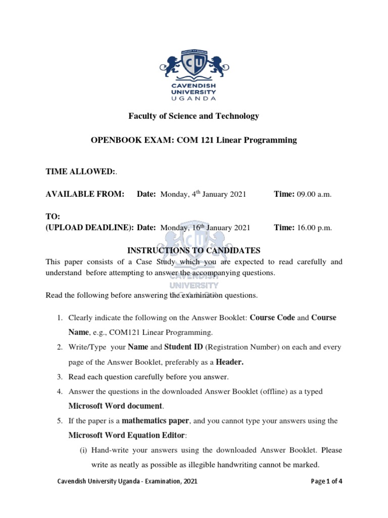 Linear Programming Exam COM 121 2021 | PDF | Linear Programming ...