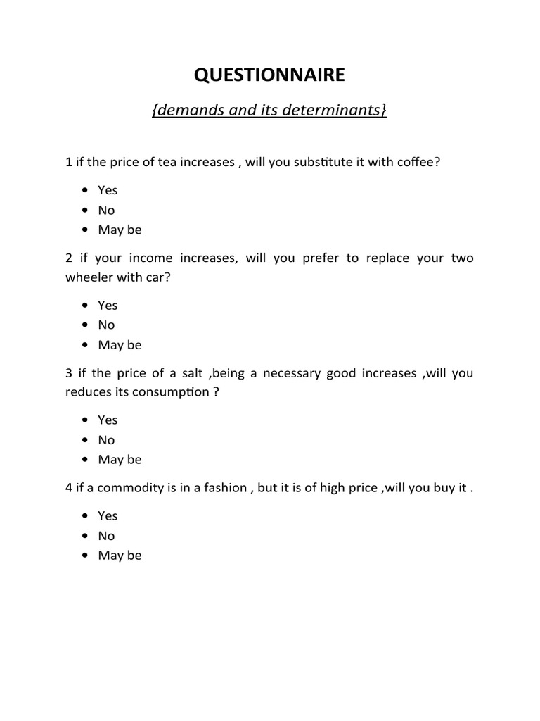 Demand Determinants Questionnaire Class 11 | PDF