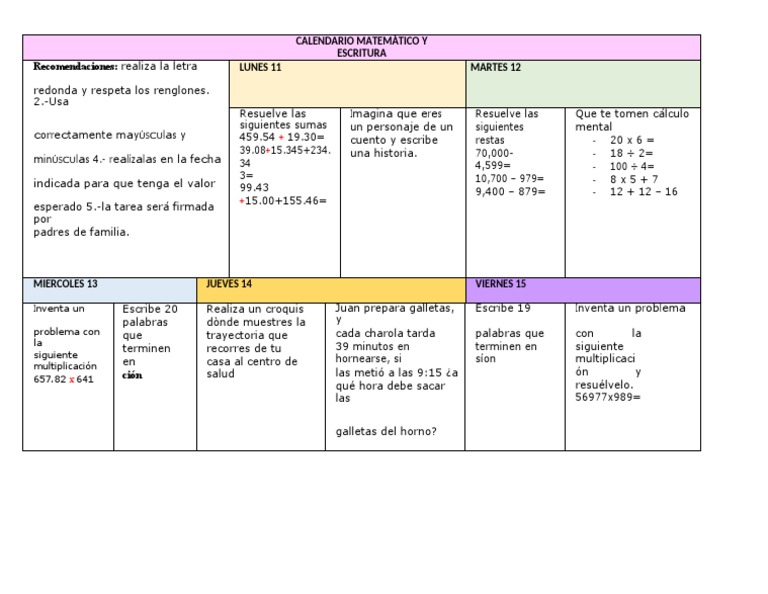 Actividades de Calendario Matemático | PDF