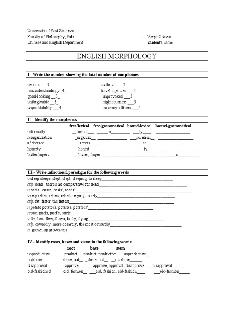 English Morphology Exercises and Analysis | PDF | Linguistics ...