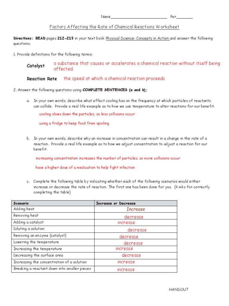 Factors Affecting Reaction Rates Worksheet | PDF | Reaction Rate ...