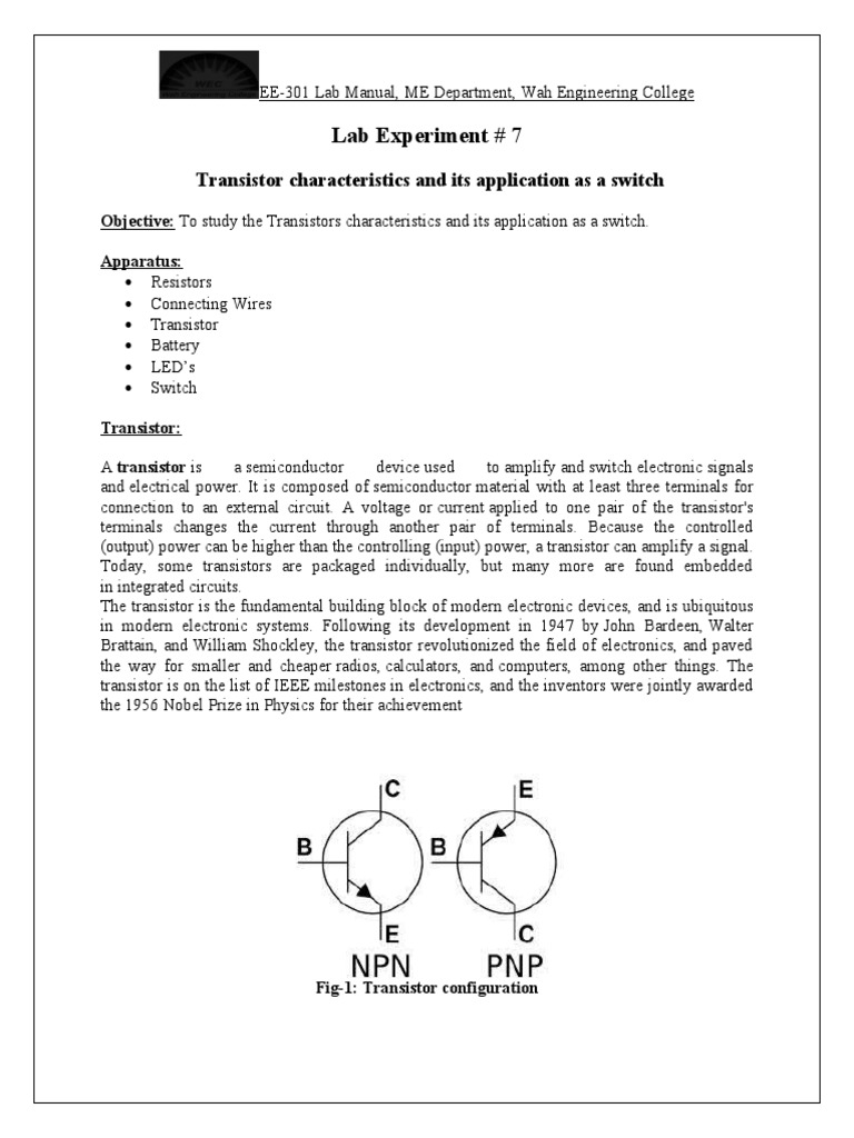 Lab Experiment 7 Transistor Characteristics and Its Application As A