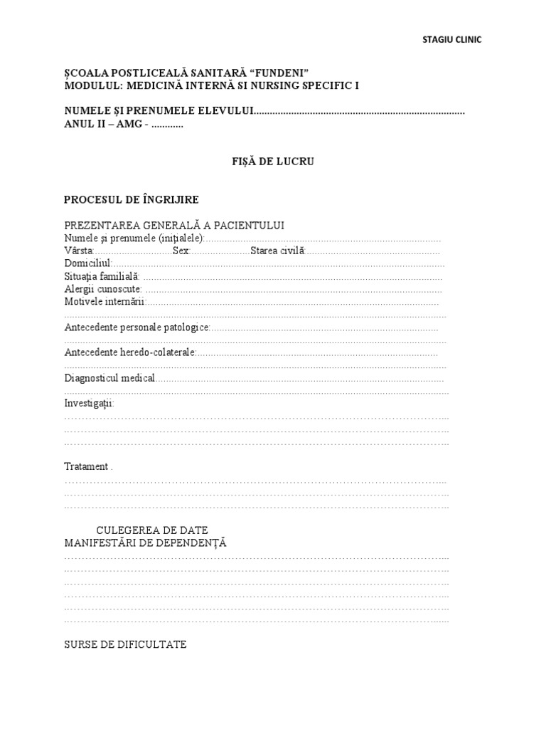 Fisa de Lucru Medicina Interna Si Nursing-1 | PDF